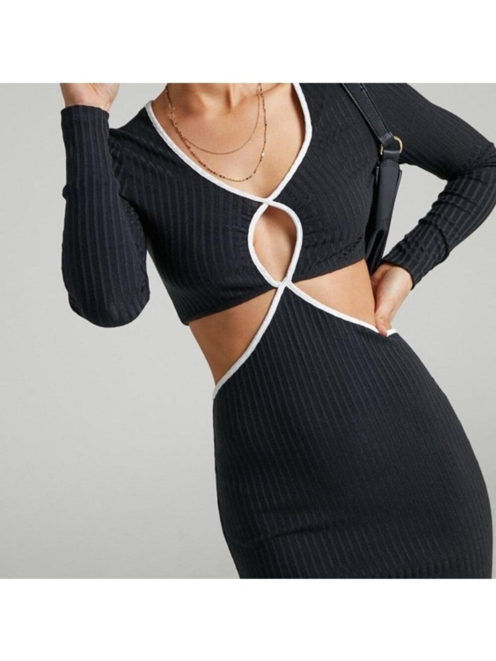 Showpo Ribbed Cutout Long Sleeve Midi Dress 2 Black White Bodycon